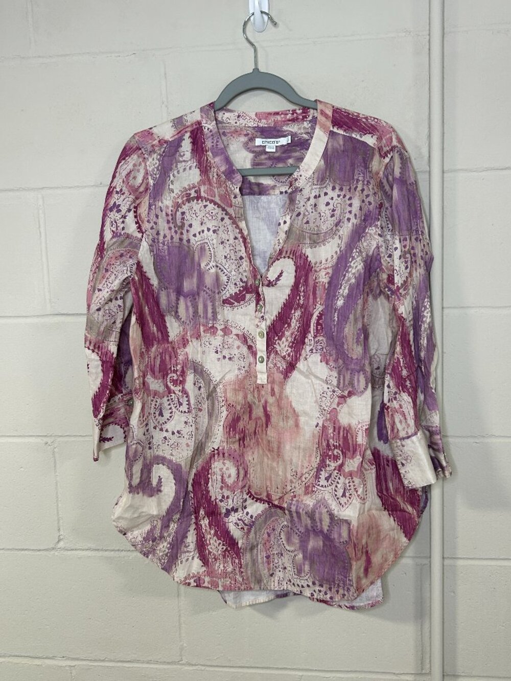 Chicos Top Womens 2 Large 12 Popover Tunic Linen Paisley Lightweight Muted Color
